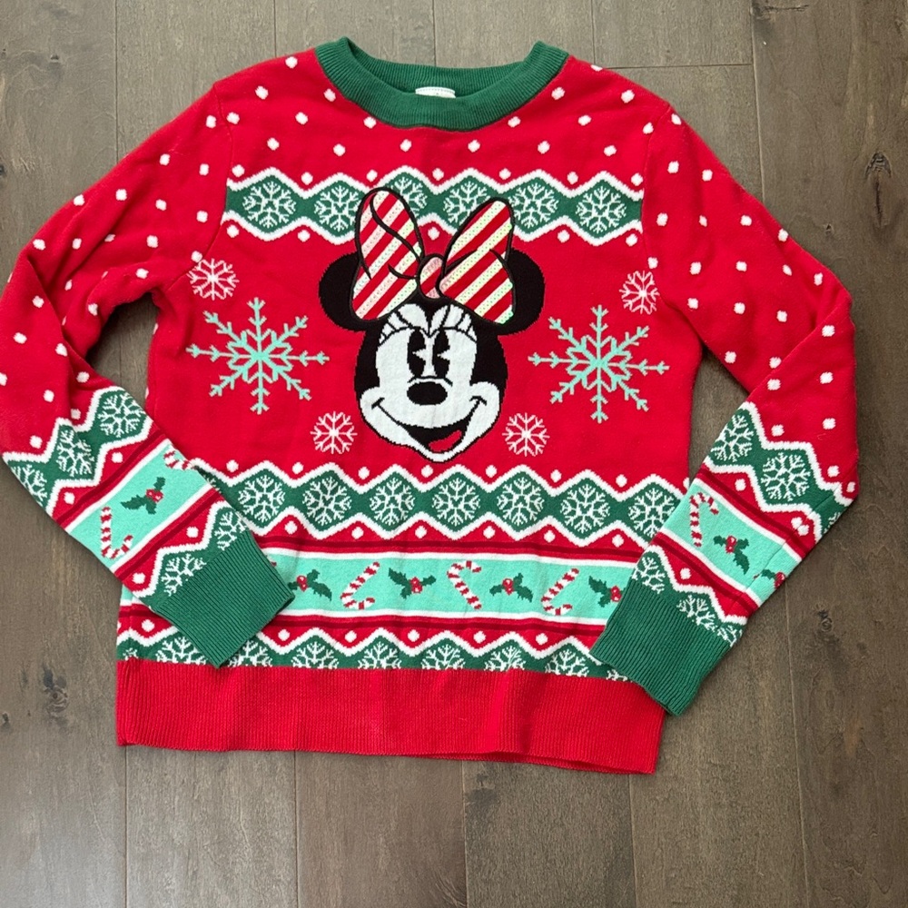 Disney Minnie Mouse Christmas Fair Isle Sweater Red Green Women’s XS